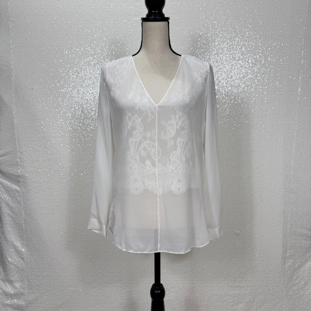 Robert Rodriguez 100% Silk Lace Detail Sheer Tunic Romantic Blouse White V-Neck - Picture 9 of 12